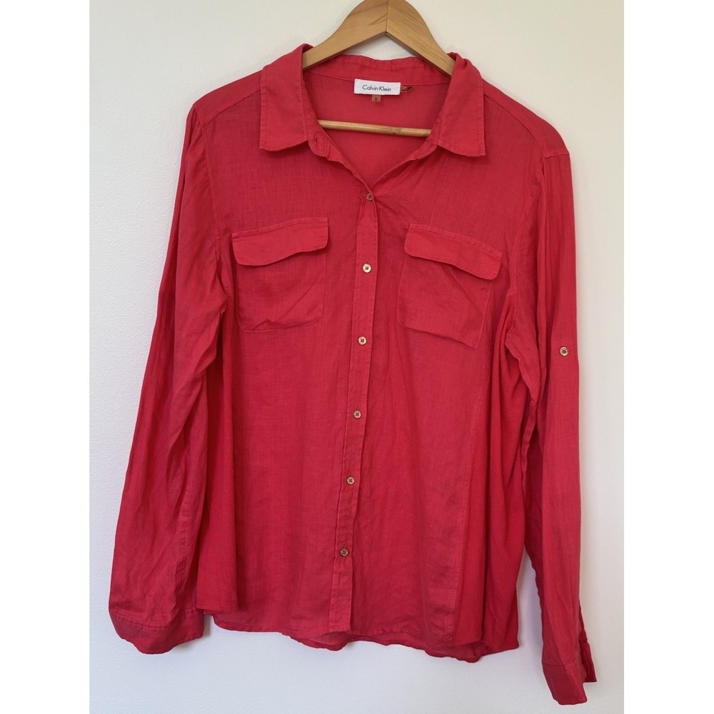 Calvin Klein Button Down Shirt 100% Linen Coral Women's